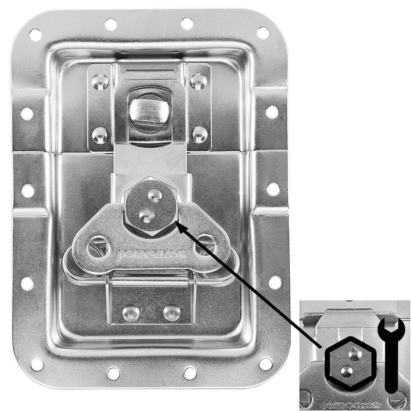Cierre giratorio de empotrar grande con tuerca hexagonal y soporte para candado giratorio, en plato profundo de 16mm, con offset de 27mm, 172mmX127mm
