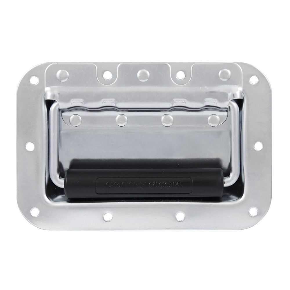 Manija de empotrar mediana con terminación zinc, agarre de goma de 19mm, con protección de remache, carga maxima 330lbs. profundidad 14mm, 107mmX161mm
