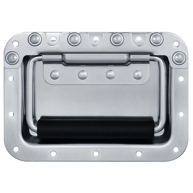 Manija de empotrar grande con terminación zinc, agarre de goma de 19mm, 14 agujeros para mejor distribucion de la carga, protección de remaches, carga maxima 330Lbs. profundidad del plato 16mm