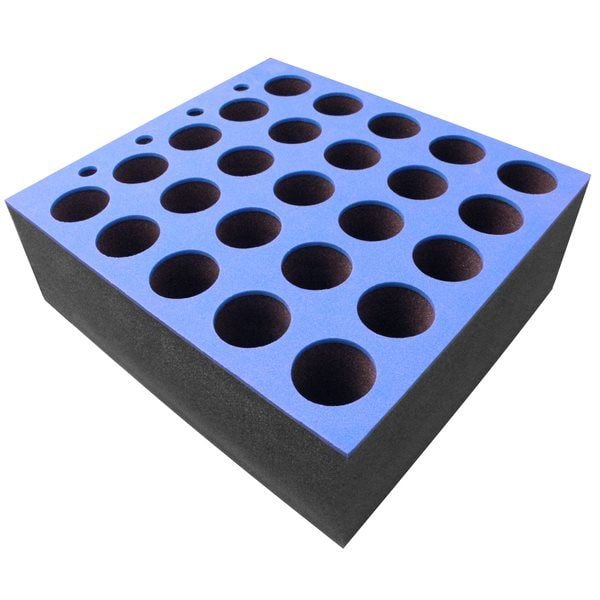 Inserto de espuma para 25 microfonos, dimensiones 405 mm x 365 mm x 155 mm. Dimensiones de los espacios diámetro 55mm profundidad 155mm