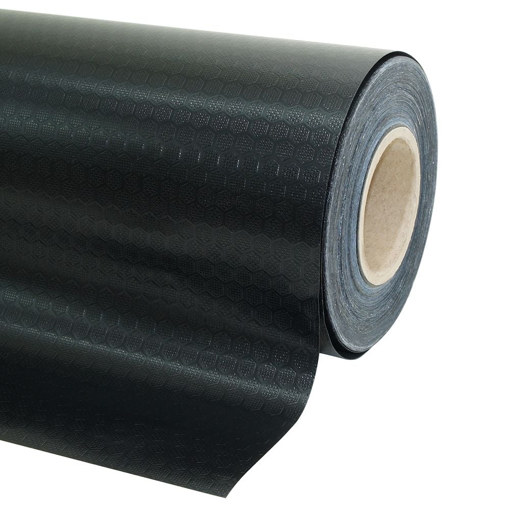 PVC de alta resistencia flexible, color negro, con diseño de hexágonos texturizados, ancho 1260mm. Precio por metro